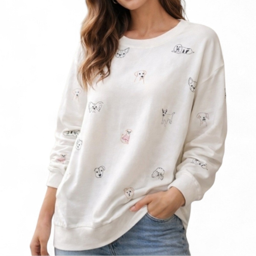 Mesh + Love Doggy Print Sweatshirt Large NWT White Cute Puppy Graphic Cozy
